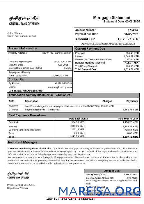 Downloadable Yemeni Central Bank of Yemeni bank mortgage statement in Word and PDF formats download for verification